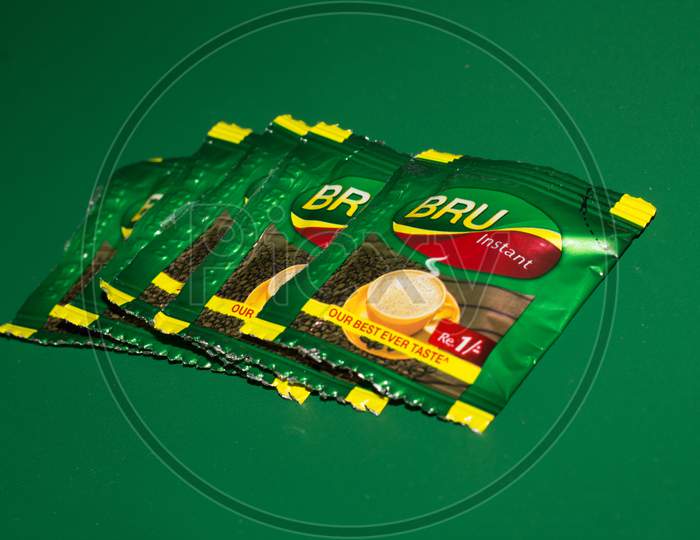 Closeup Of Bru Instant Coffee Pack Isolated On Green Background