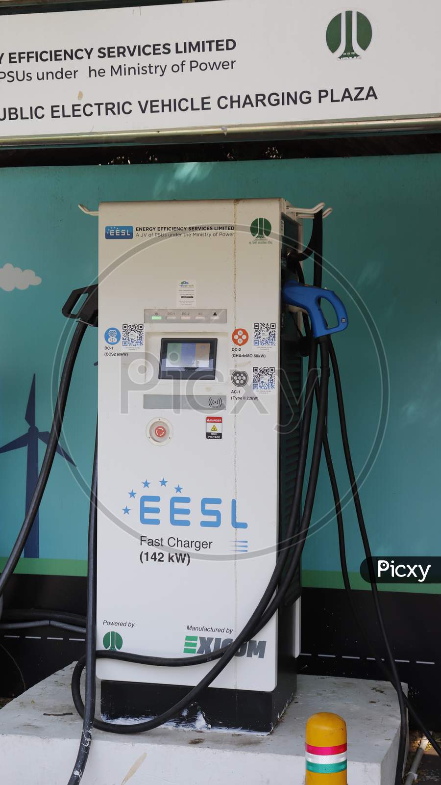 New Delhi / India - Oct 8 2020: Drivers Electric Car charging station, this Charging stations around government offices have been used by government fleet vehicles.