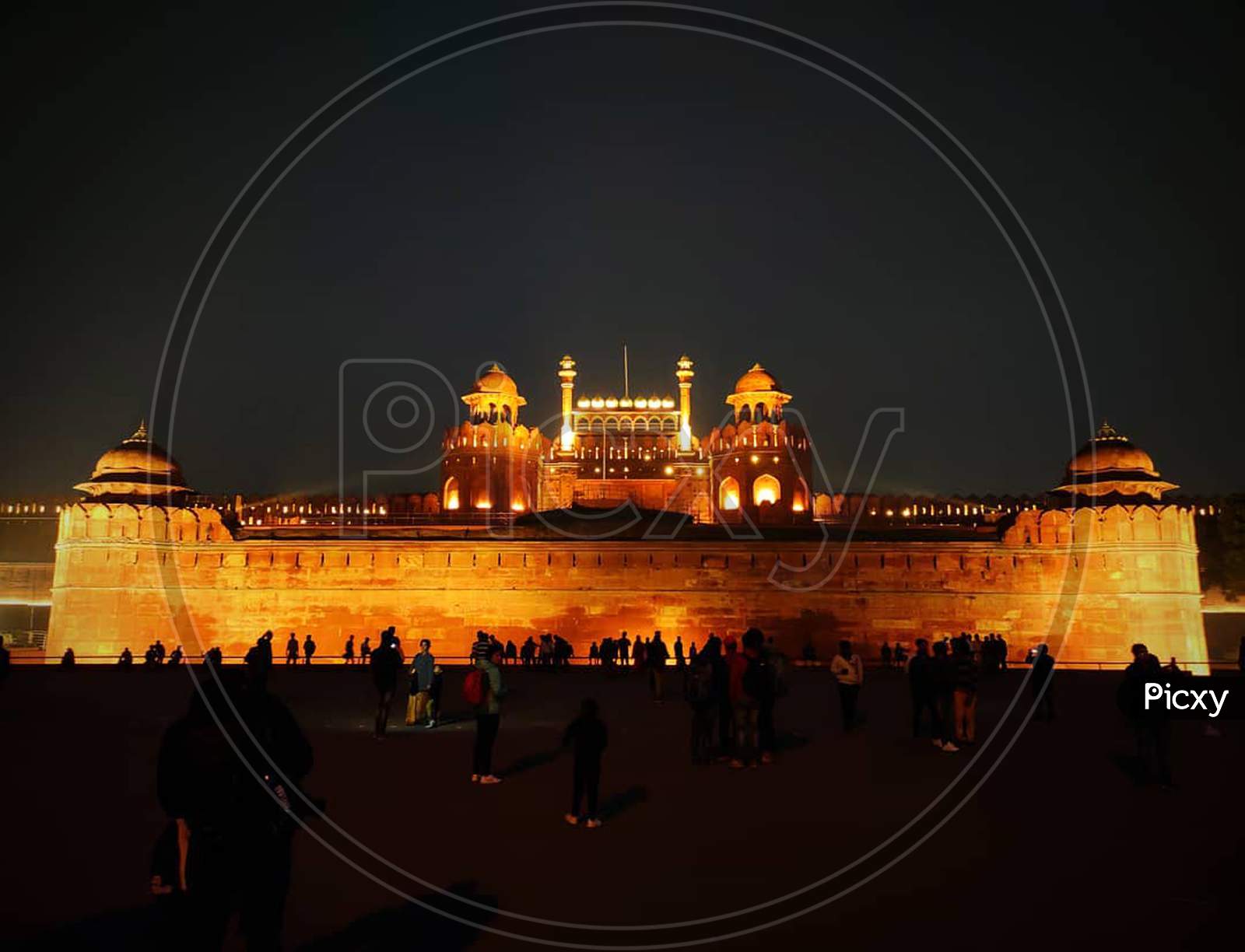 Red fort, india. Historical place with tourists during night.