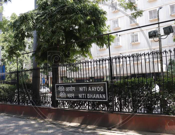 Delhi, India - OCT 2, 2020 Boards outside Niti Aayog building on Sansad Marg. It was earlier called Planning Commission and is the main think-tank of govt of India and advises it on all policy matters