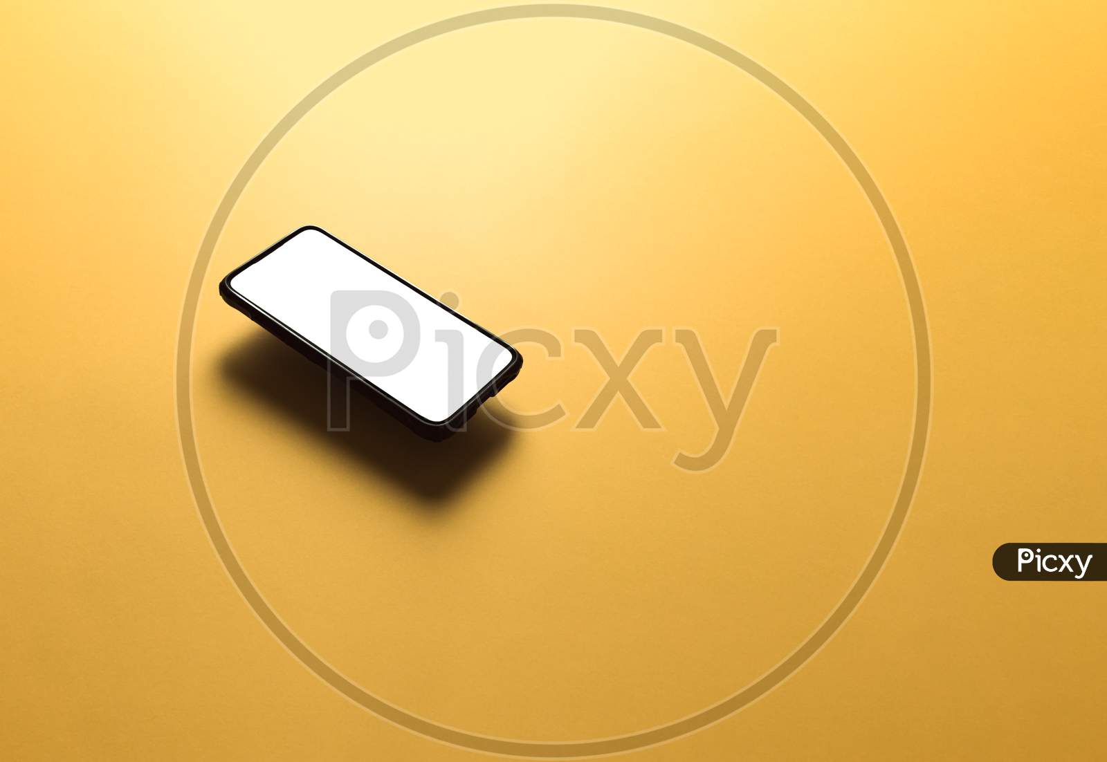 Minimalistic Mock Up Flat Image Design With A Floating Mobile Phone With Copy Space And White Scree To Write Over It Over A Flat Yellow Background