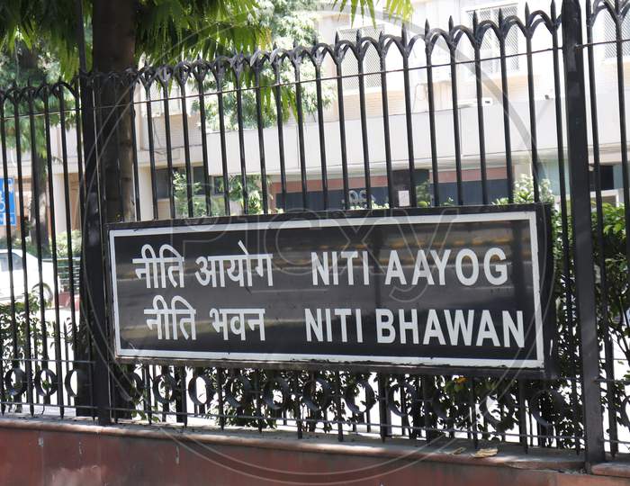 Delhi, India - OCT 2, 2020 Boards outside Niti Aayog building on Sansad Marg. It was earlier called Planning Commission and is the main think-tank of govt of India and advises it on all policy matters