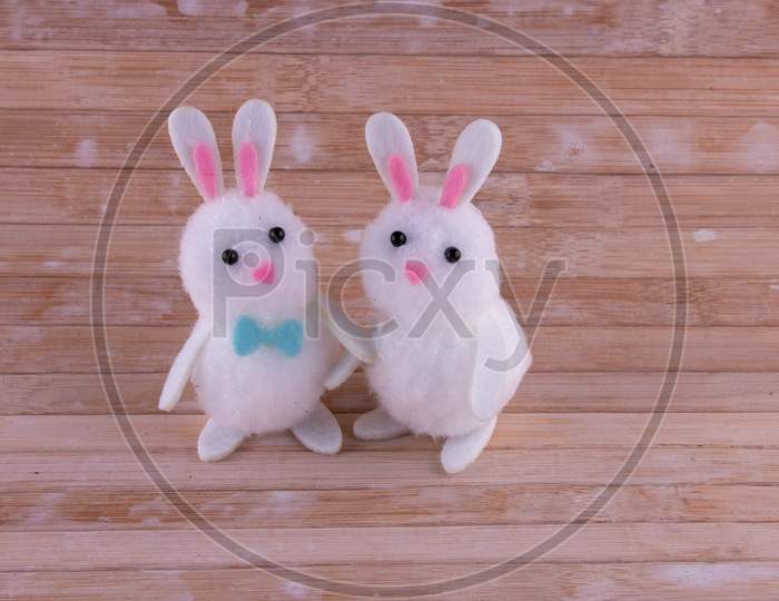 Cute Easter Bunny Couple Isolated On Wooden Background