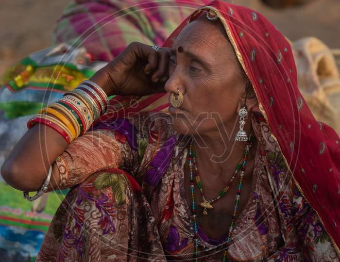 Portrait of a Rajasthani nomadic women wearing jewelry