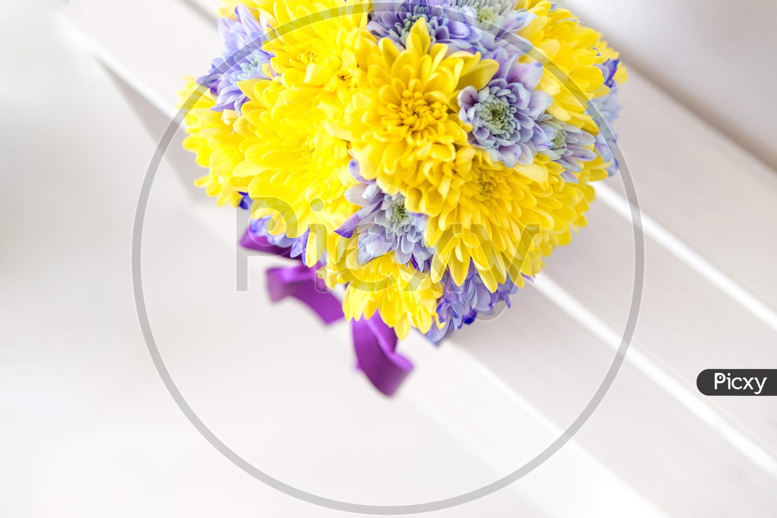 Top View Of A Decoration Of Chrysanthemum Flowers. The Flowers Are Yellow And Purple And Are In The Handmade Box With The Bow Also Purple. Behind Is A White Background.