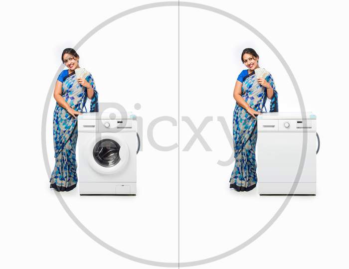 Indian Pretty Woman In Saree Presenting Washing Machine Or Dish Washer