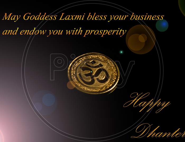 Illustration of Happy Dhanteras with a coin on a black background