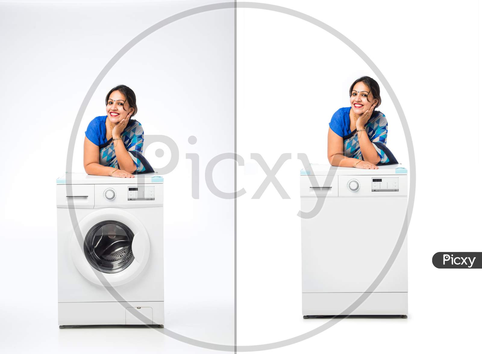 Indian Pretty Woman In Saree Presenting Washing Machine Or Dish Washer