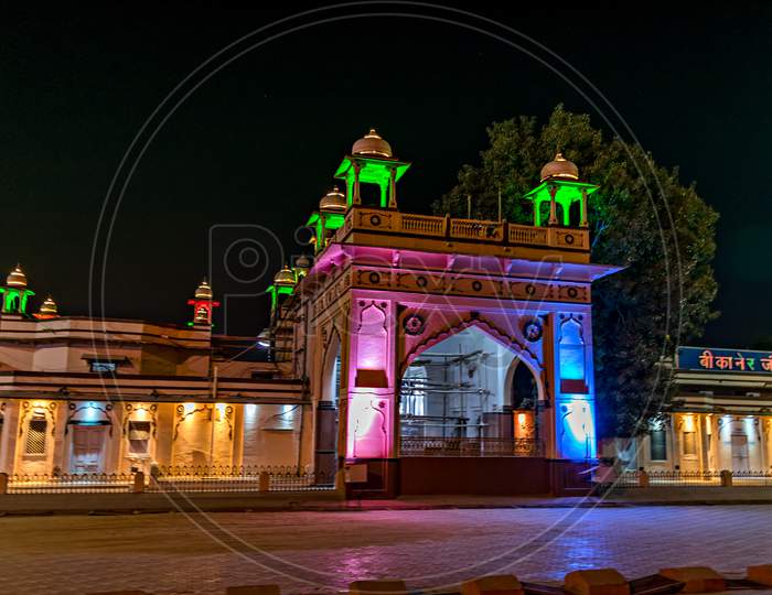 Colorful Night Lighting Done On Entrance Of Railway Station In Bikaner, Rajstan,India.
