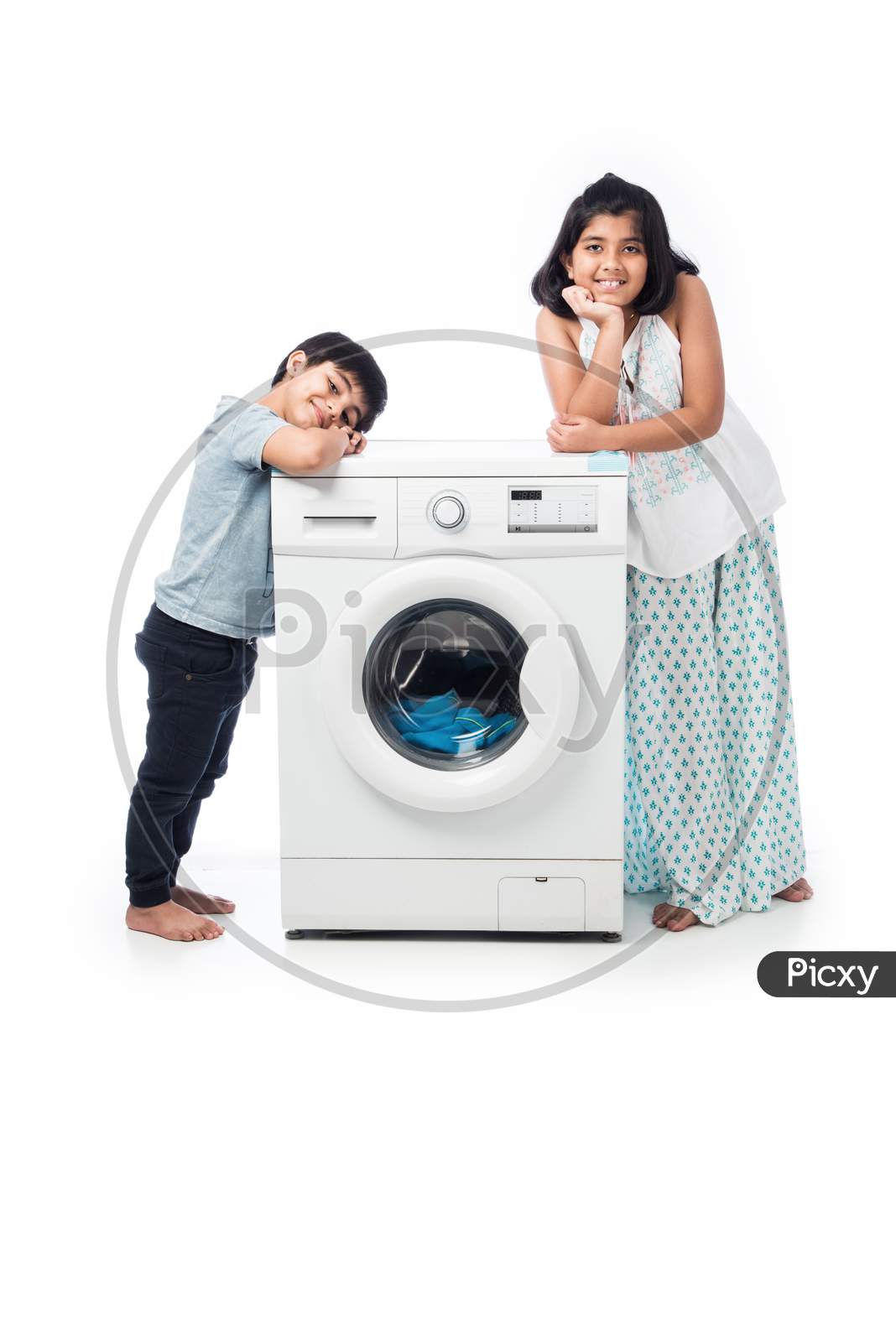 Indian Asian Kids Showing Washing Machine Or Dish Washer