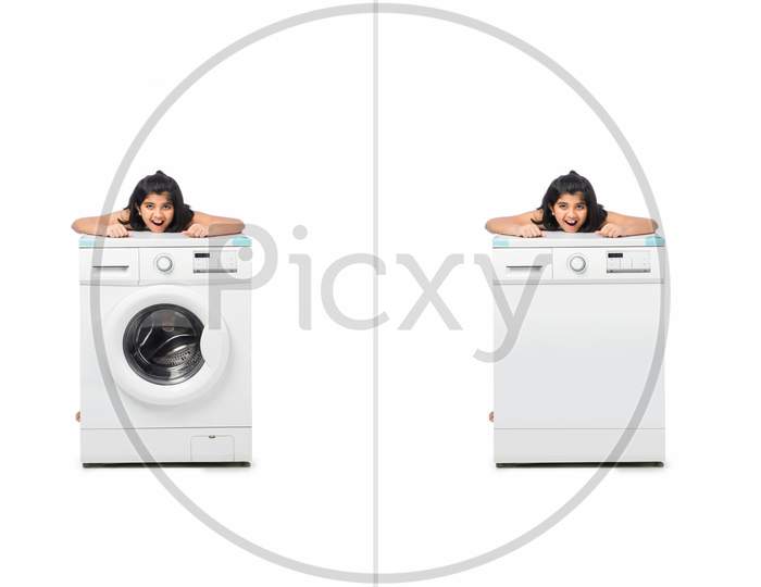 Indian Small Girl Presenting Dish Washer Or Washing Machine