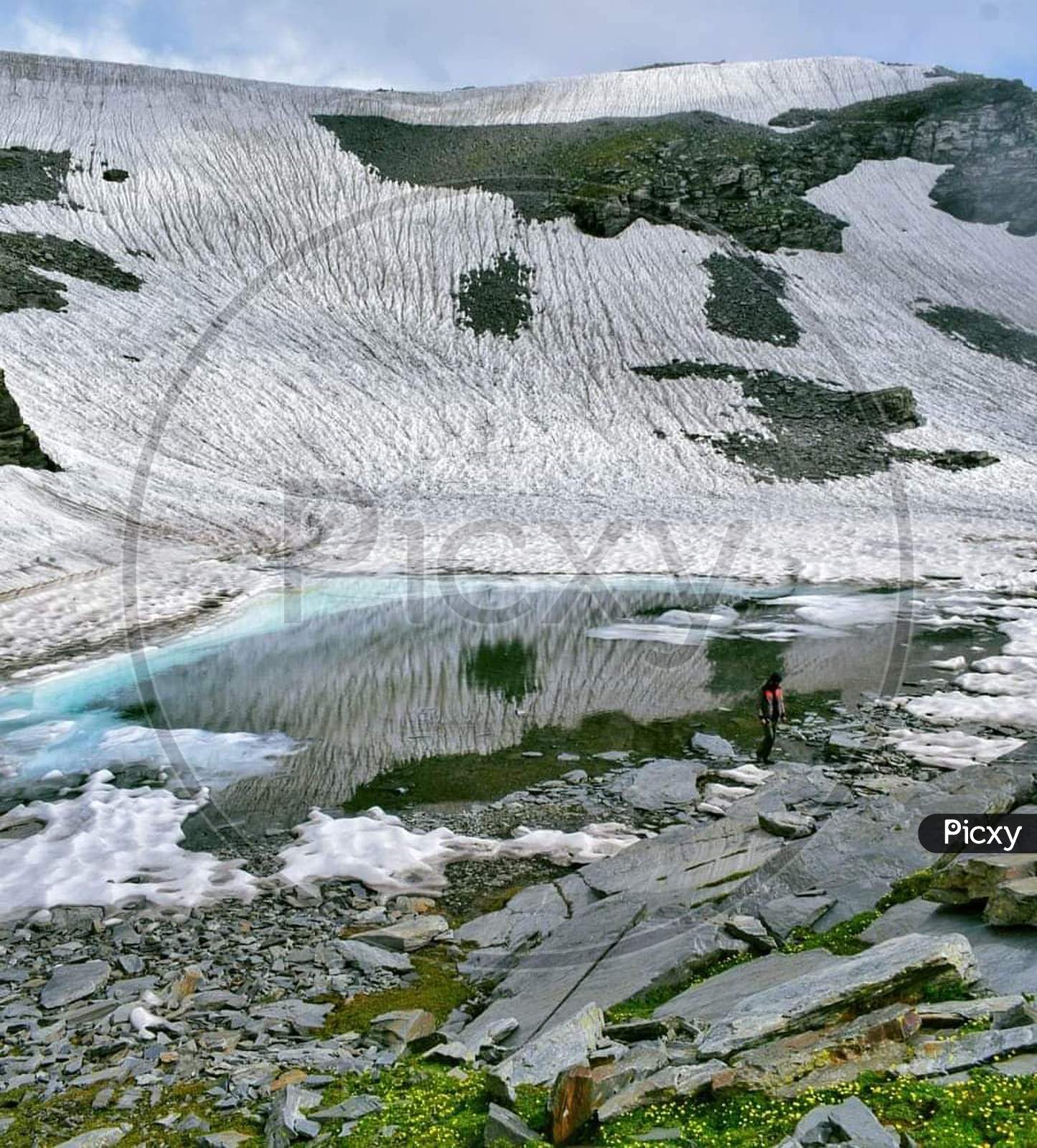 Pic of pond between montain top melting glacier