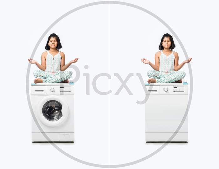 Indian Small Girl Presenting Dish Washer Or Washing Machine