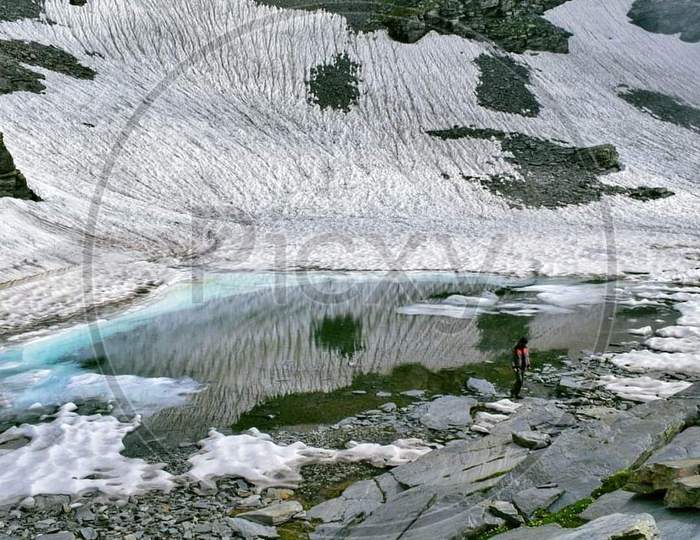 Pic of pond between montain top melting glacier