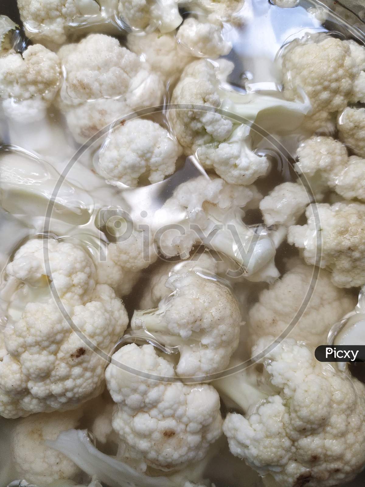Closeup View Of Chopped And Rinsed White Cauliflower , Scene Captured From Top