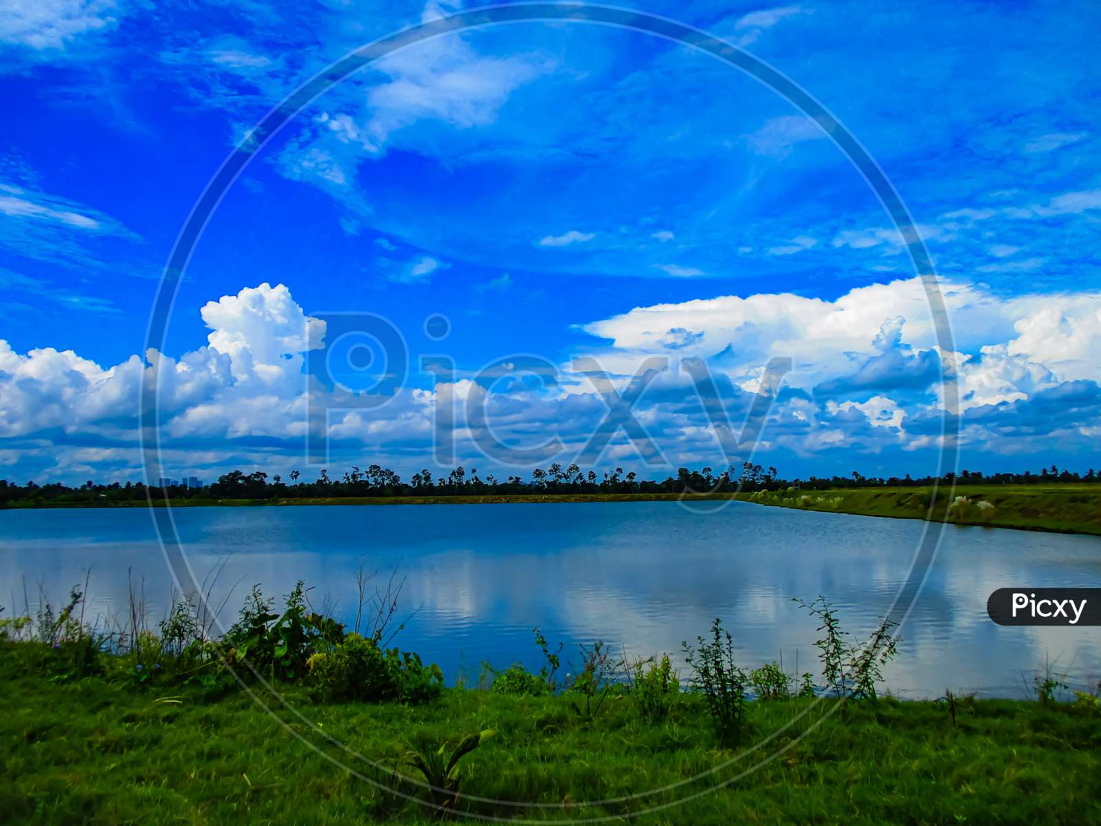 Beautiful landscape with blue sky and lake in westbengal