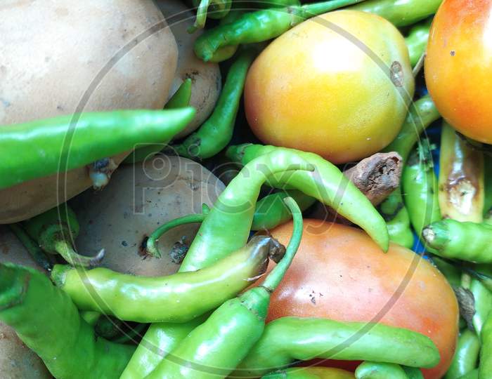 Three Different Kind Of Vegetables, Viewed From Top