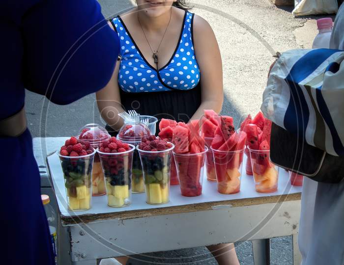 Georgian Girl Selling Fresh Colorful Fruits