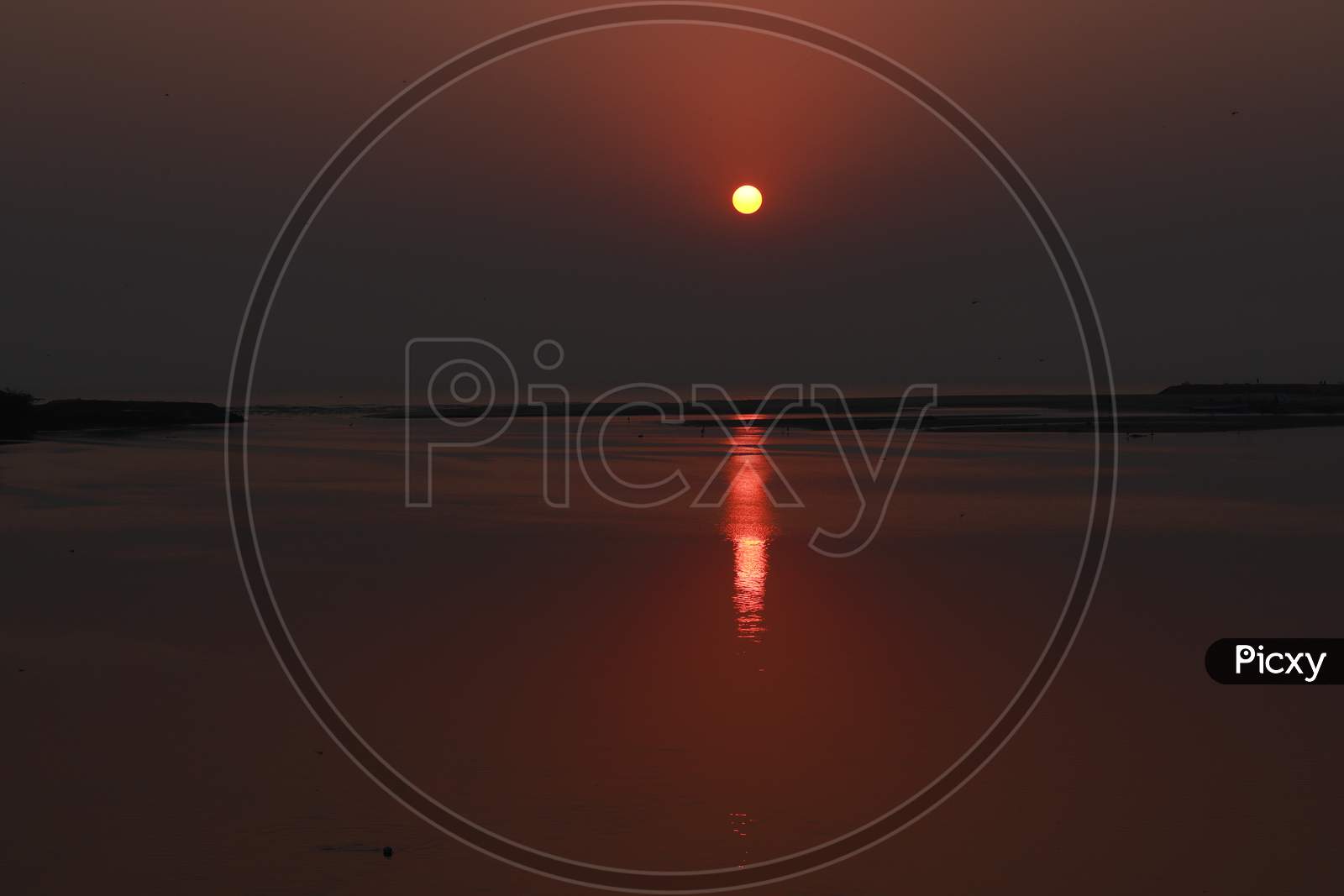 Landscape Photography, Morning Sunrise At Beach With Round Full Sun
