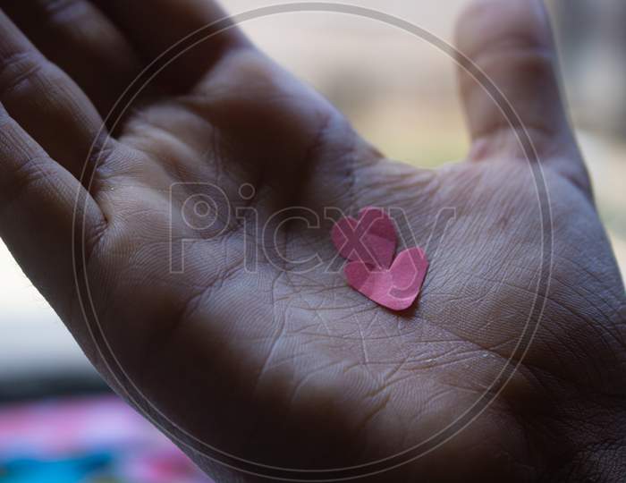 Hands Of Love. Kids Hands Gently Holding The Heart. Pink Background. Concept Of Love, Care, Affection, The St. Valentine'S Day.