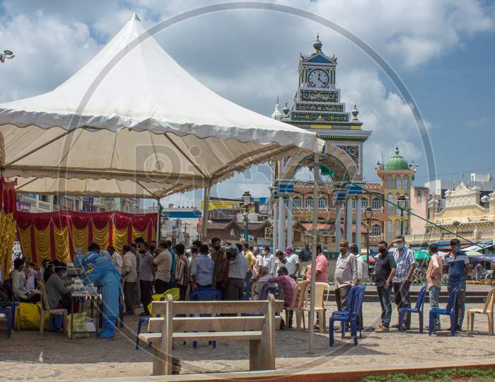A Covid 19 Testing Tent is erected in the heart of Mysuru city to facilitate the Public due to the Spiking  of Corona cases in Karnataka/India.