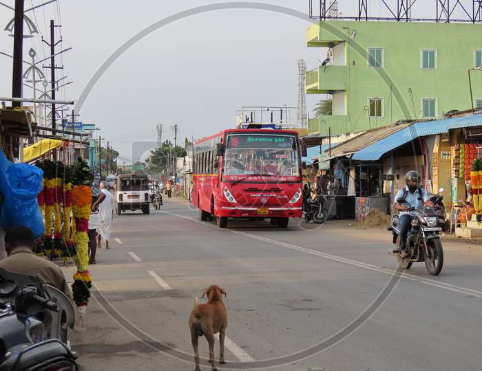 Chennai, Tamil Nadu, India. October 05, 2020 - Government'S Red Bus On Madras Road In Corona Unlock