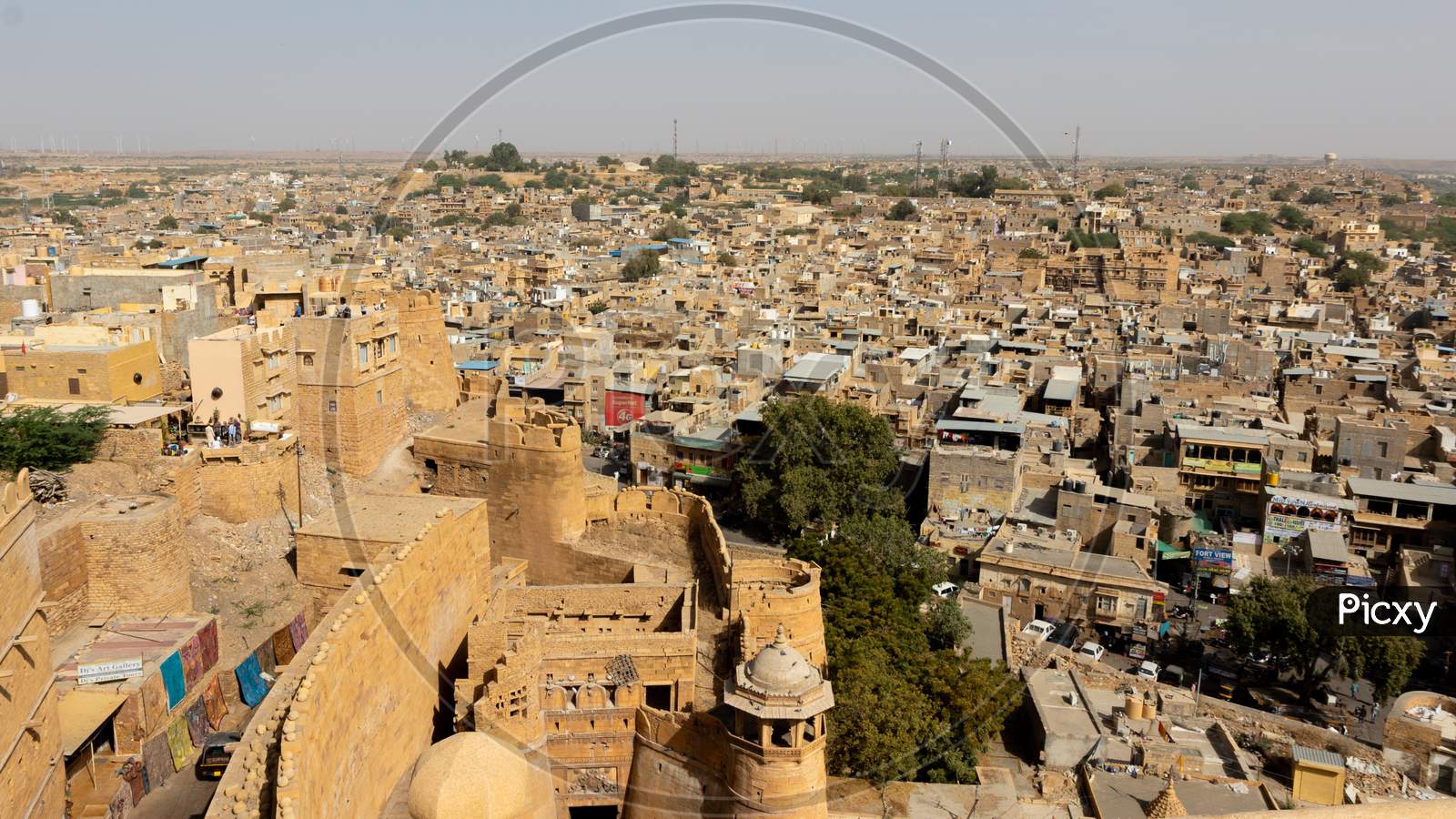 A view of Jaiselmar town from fort with sky on the horizon