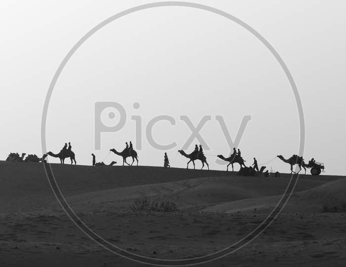 Silhouette of a line of camels walking on Sam sand dunes with people