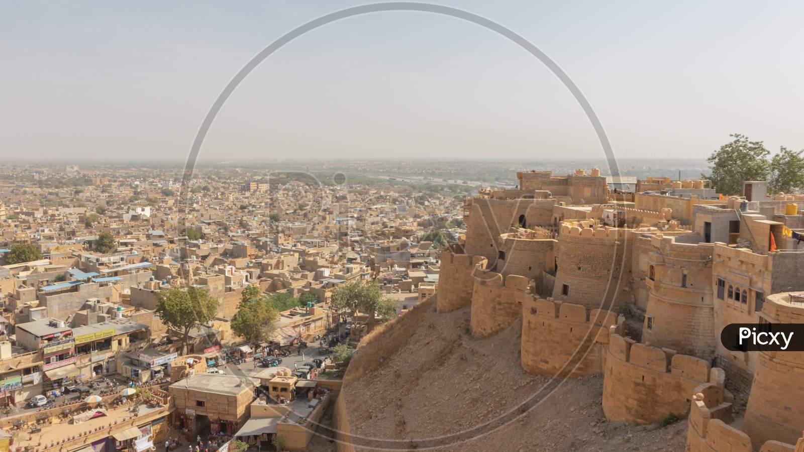 A view of Jaiselmar town from fort with sky on the horizon