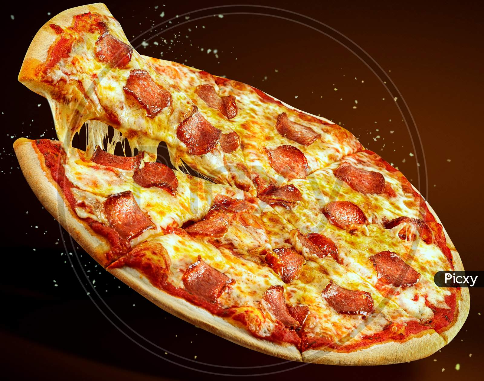 A Picture Of Beautiful View Of Pizza, Meats Chicken Cheese Vegetarian,Blurred Background