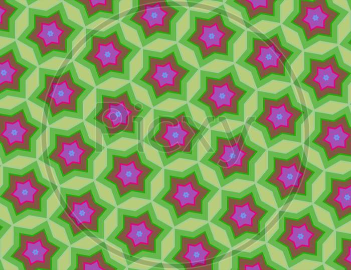 Abstract Background Of Colorful Hexagon And Different Surrounding Rings. Abstract Hexagon Background.