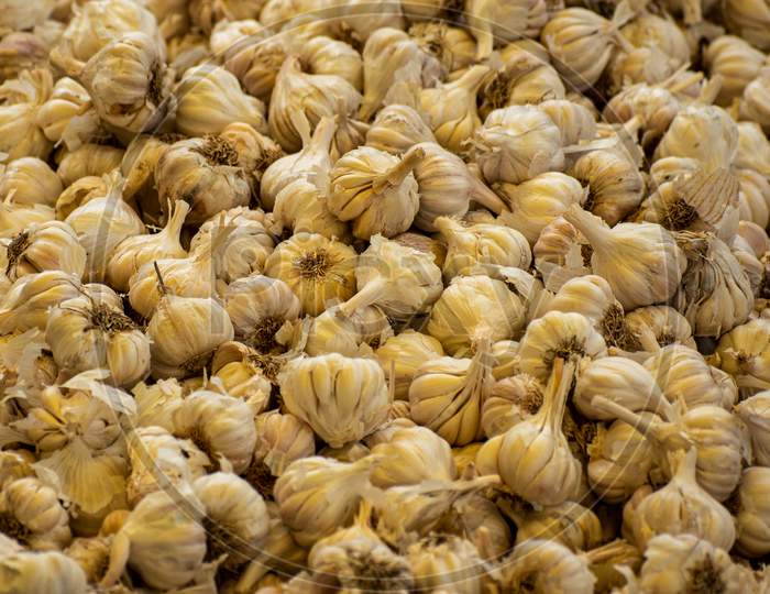 Fresh organic Garlic kept for sale in a market