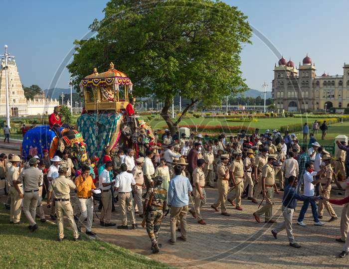Royal Elephant carrying the Golden Howdah with an Idol of Goddess Chamundeshwari during the Grand Dasara festival at Ambavilas Palace in Mysuru cityscape of Karnataka state in India.