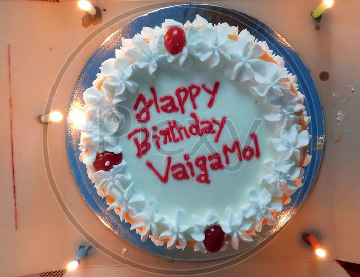 Closeup Of A Birthday Celebration Cake With Candles