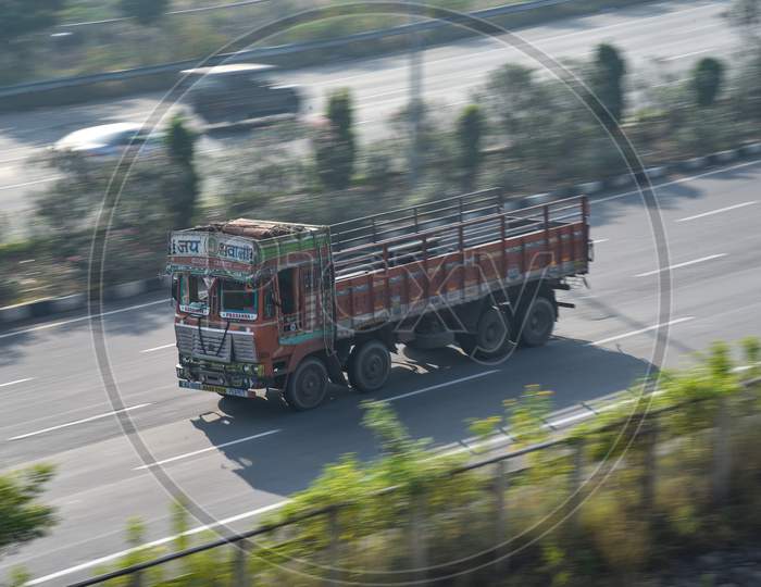 A container lorry moving on a Highway