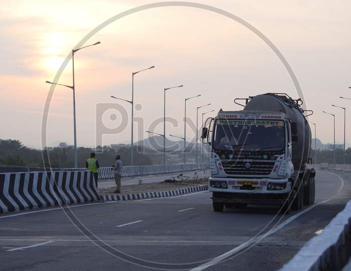 Lorry moving over newly paved National highway 163