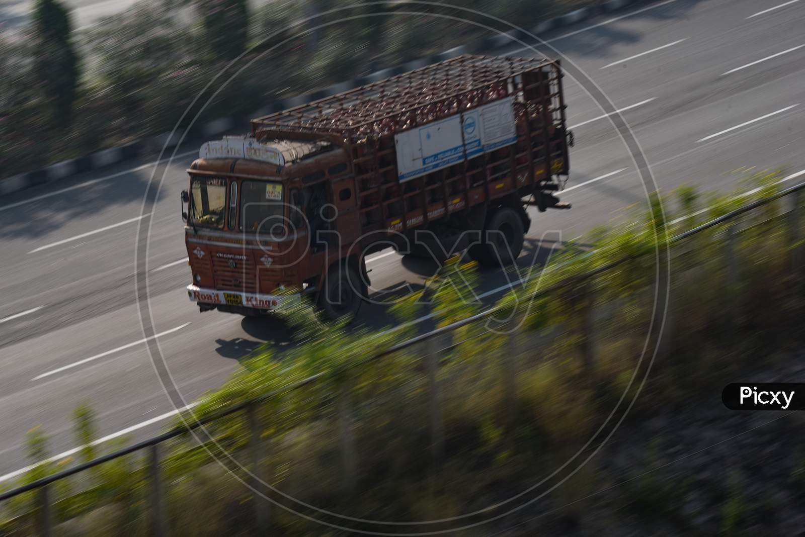 a fast moving Lorry on the Highway in Hyderabad