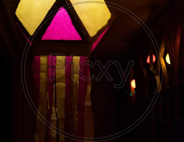 Colorful Diwali Lantern Or Lamp Hanging With Bulbs In The Background