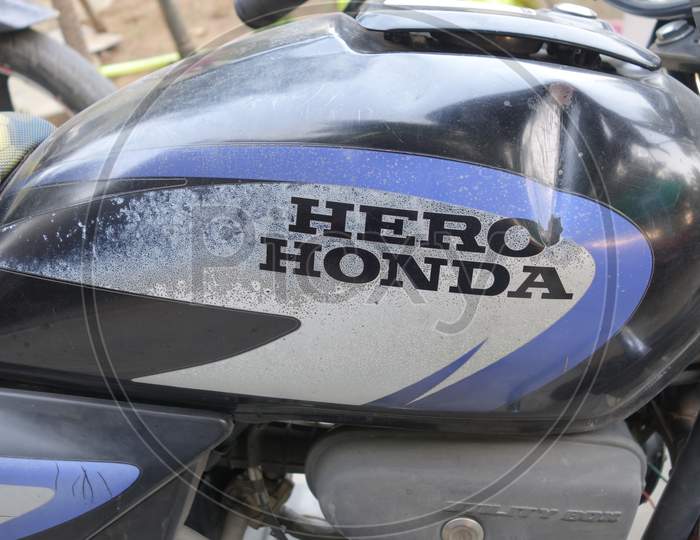 Motorcycle Fuel Tank Of Brand Hero Honda On Display At Reengus, India.