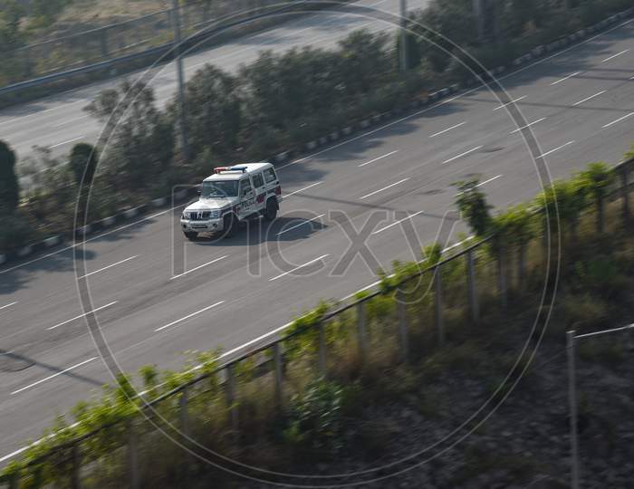 A Hyderabad Police vehicle moving on Outer Ring Road, ORR.