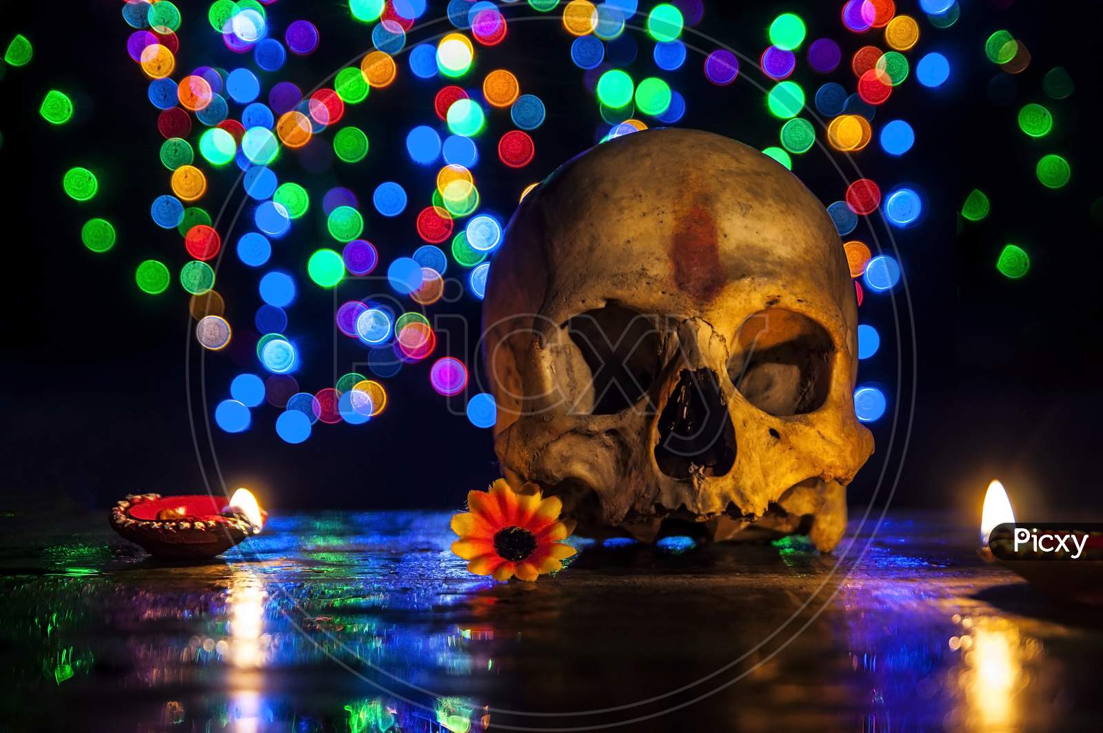 The multi colored lights for Diwali celebration with Skull.