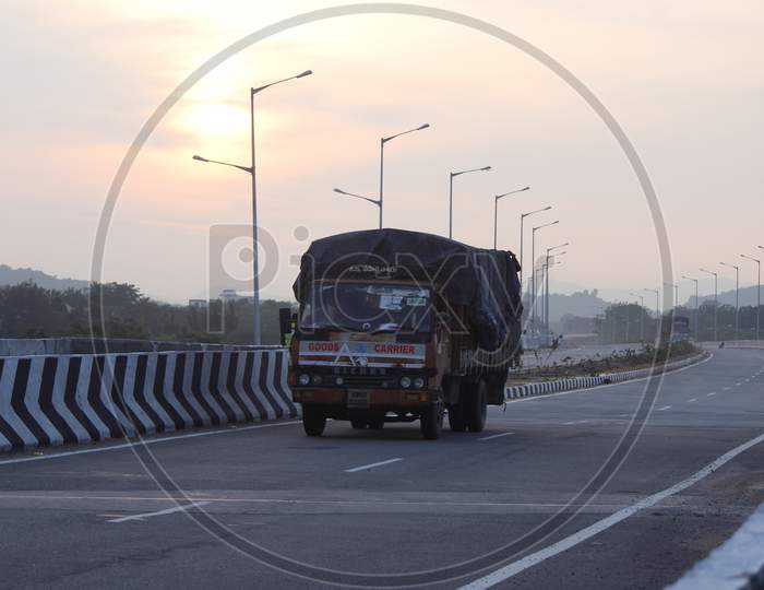 Lorry moving over newly paved National highway 163