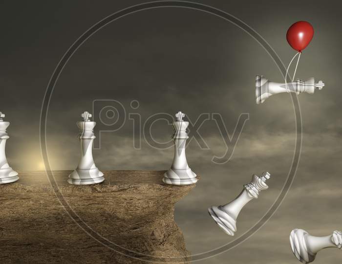 Kings Of Chess On A Stone Cliff With A Red Balloon