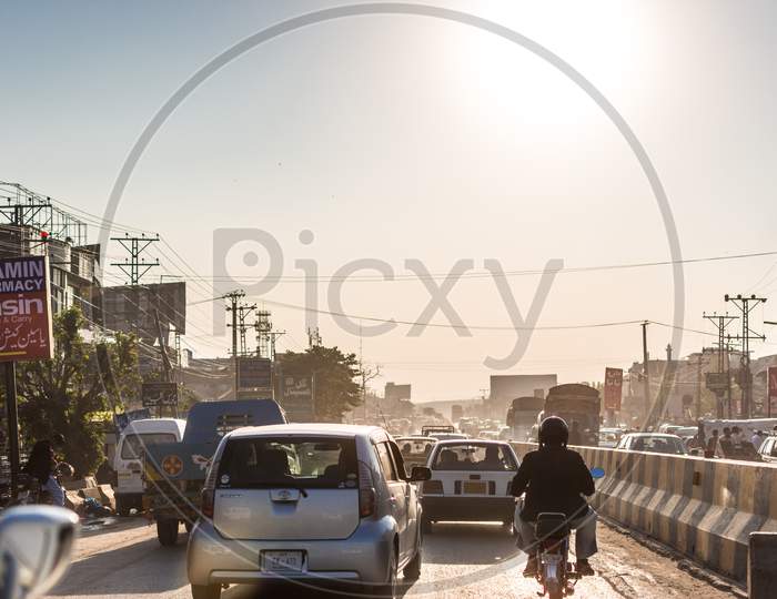 Busy Traffic Congested Motorway In Rawalpindi City In Pakistan