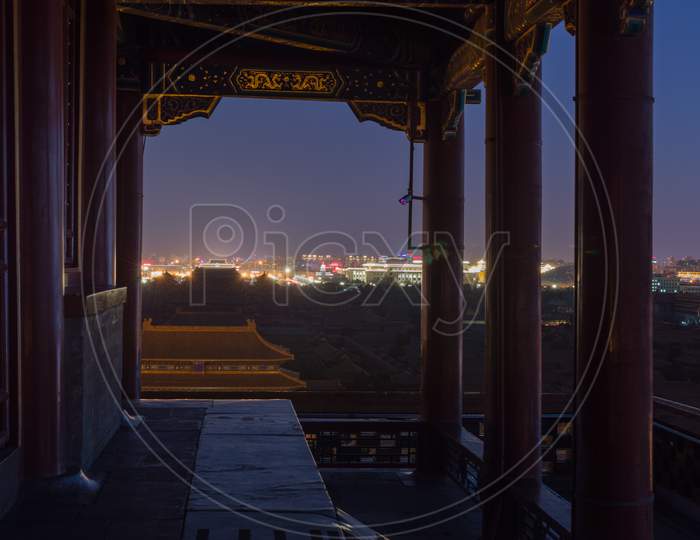 Night View Of The Wanchun Pavilion At Jingshan Park In Beijing, China