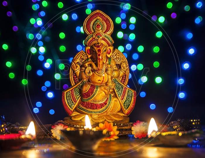 Lord Ganesha with multicolored lights.