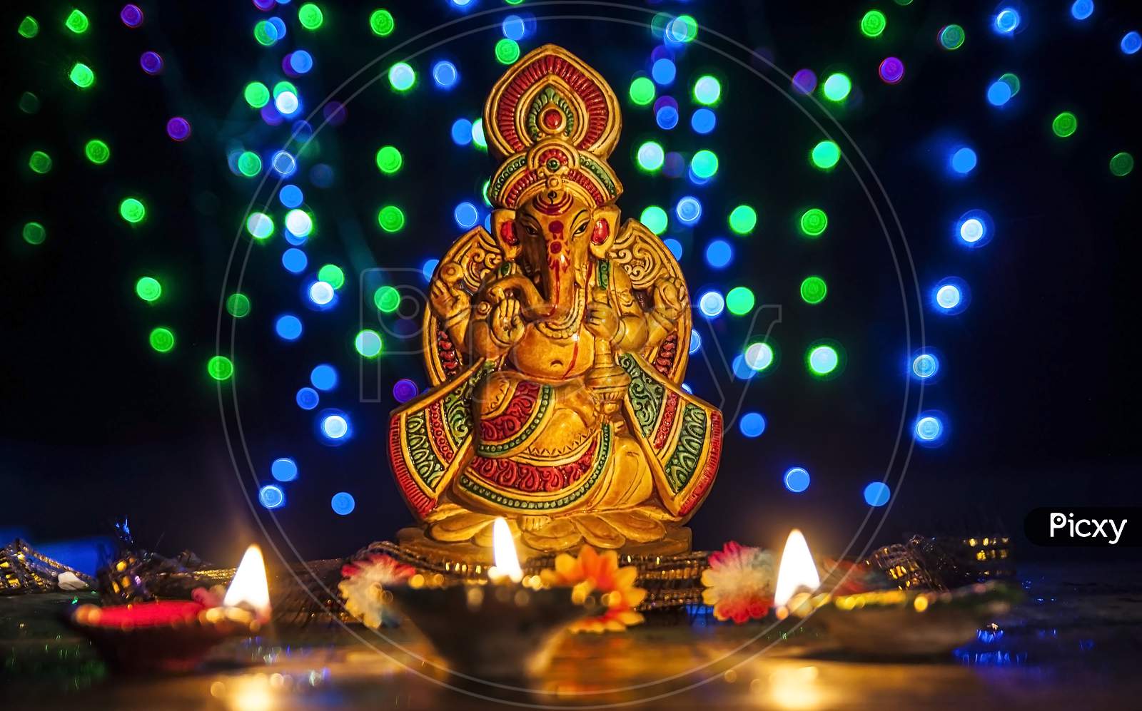 Lord Ganesha with multicolored lights.