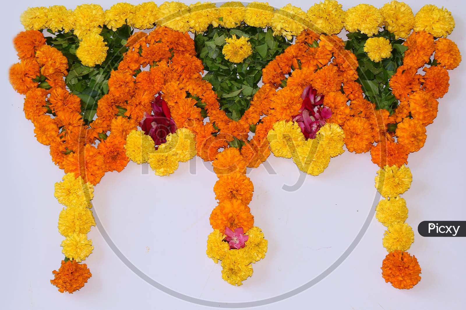 flower Rangoli for Diwali or pongal or onam made using marigold or zendu flowers and Leaves with Indian Traditional Pattern over on white background, selective focus.