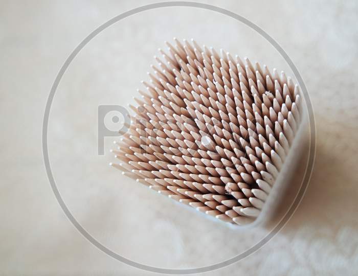 High Angle Top View Of Wood Needles Or Wooden Tooth Picks