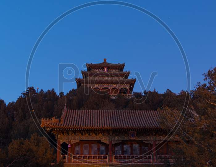 Night View Of The Wanchun Pavilion At Jingshan Park In Beijing, China